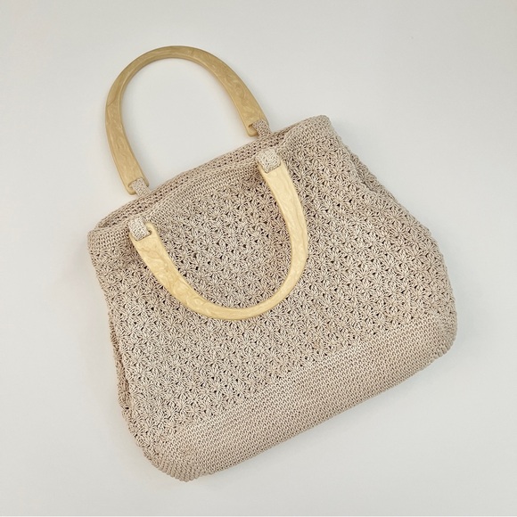 Vintage white cream crochet handbag summer vacation beach purse acetate handles - Picture 3 of 14